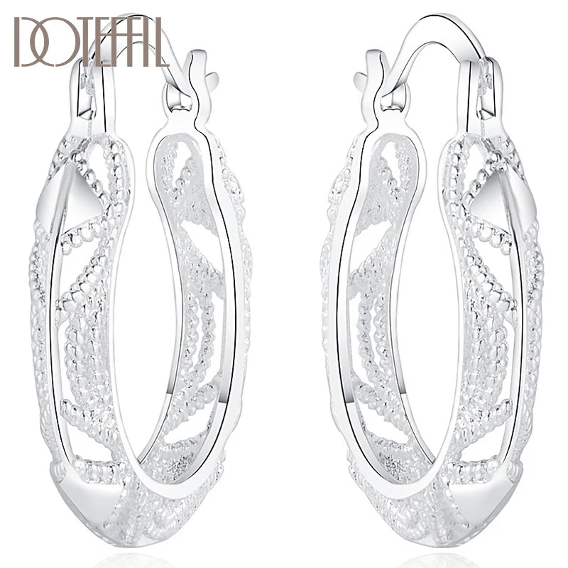 DOTEFFIL 925 Sterling Silver Retro Hollow Flower 30mm Hoop Earring For Woman Fashion Party Wedding Engagement Party Jewelry