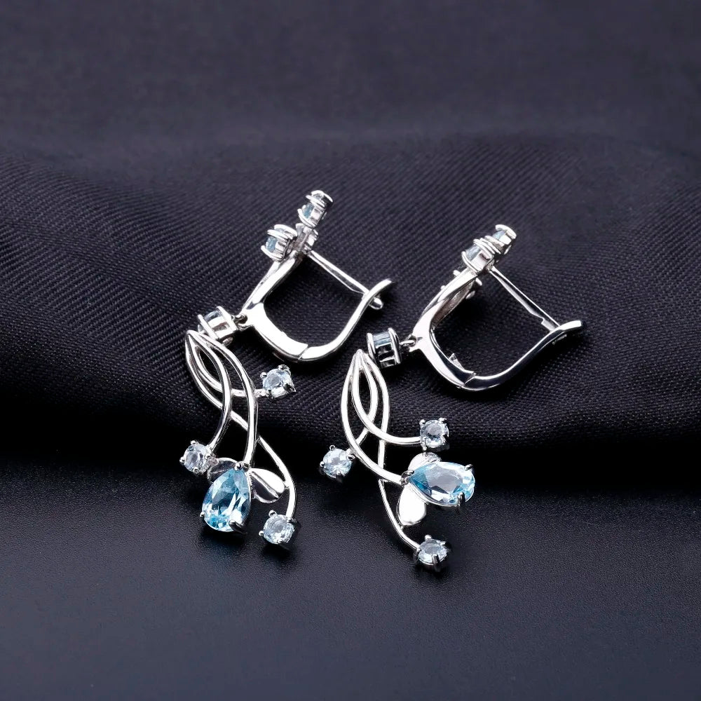 GEM'S BALLET Flower Design 3.89t Natural Sky Blue Topaz Gemstone Drop Earrings For Bridal 925 Sterling Silver Wedding Jewelry