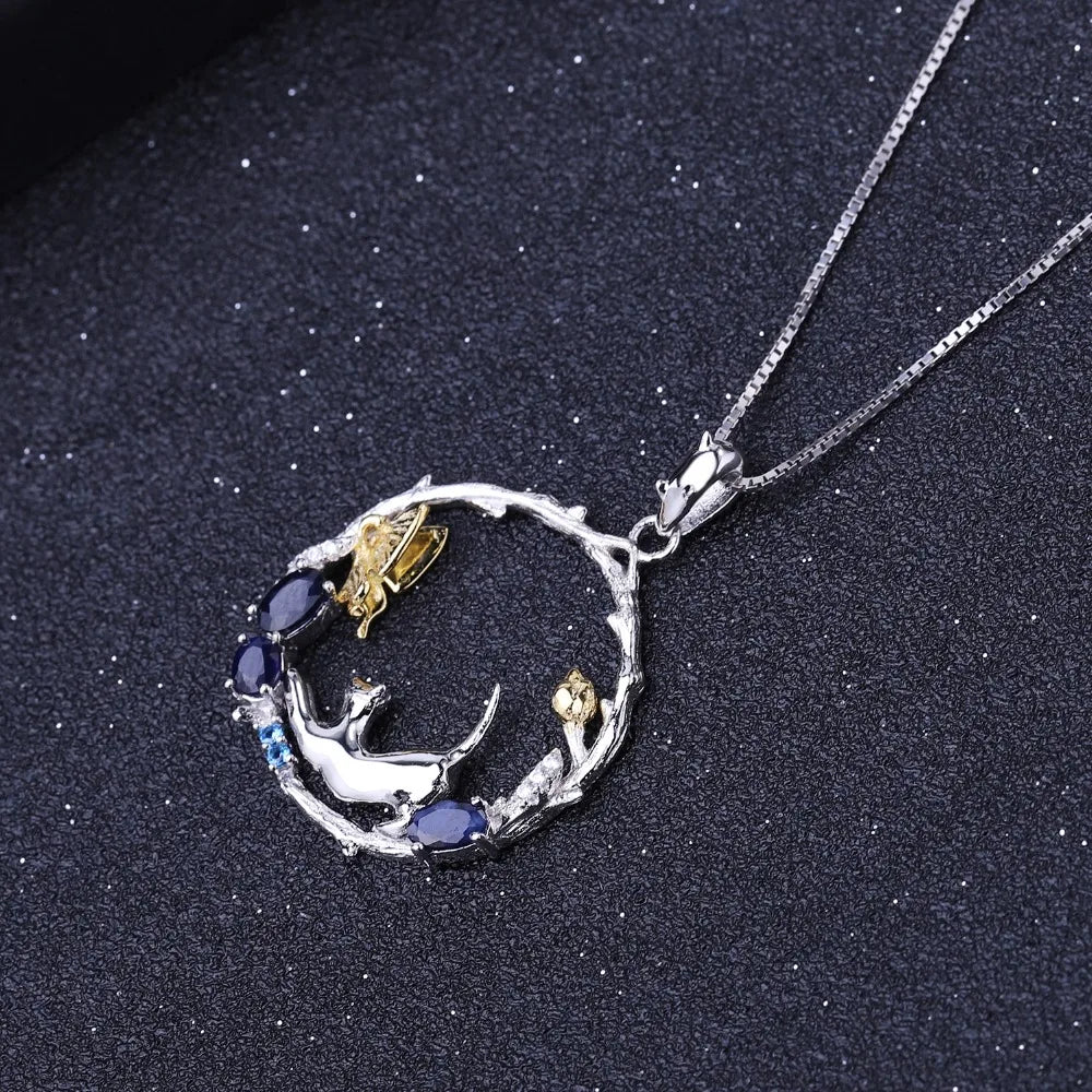 GEM'S BALLET 925 Sterling Silver Handmade Cat & Butterfly Pendant Necklace 0.84Ct Natural Blue Sapphire Fine Jewelry for Women