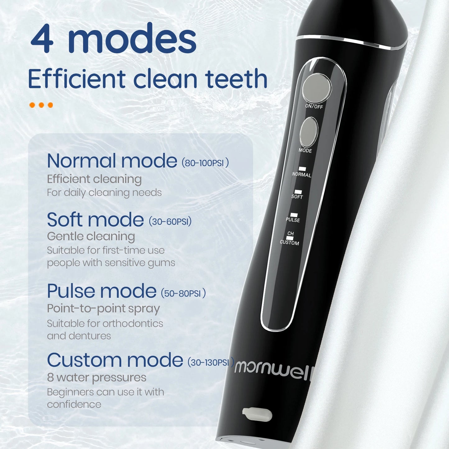 Mornwell Portable Oral Irrigator With Travel Bag Water Flosser USB Rechargeable 5 Nozzles Water Jet 200ml Water Tank Waterproof