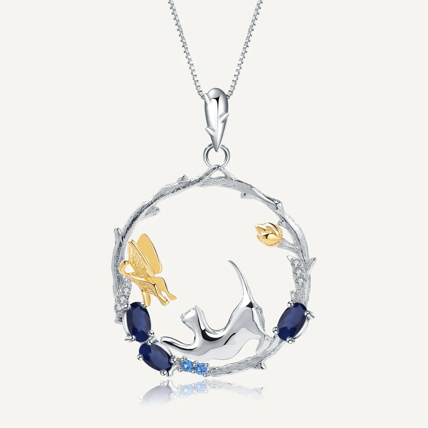 GEM'S BALLET 925 Sterling Silver Handmade Cat & Butterfly Pendant Necklace 0.84Ct Natural Blue Sapphire Fine Jewelry for Women