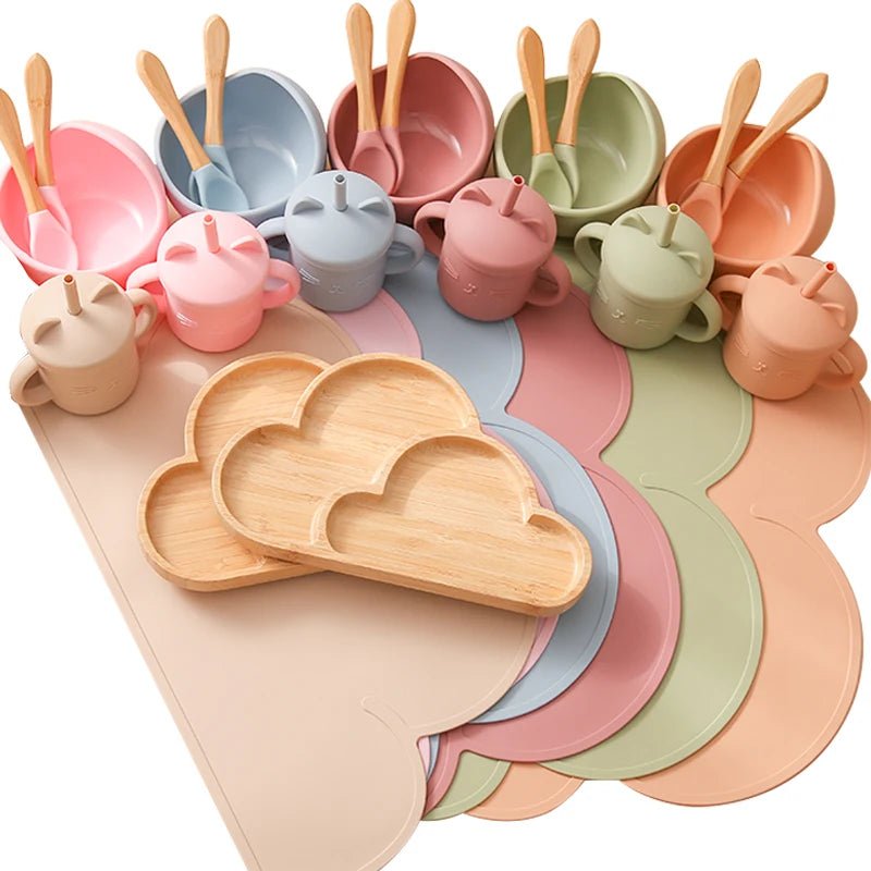 6Pcs Wooden Clouds Dinner Plate Silicone Baby Feeding Set Baby Feeding Supplies Kids Bamboo Dinnerware Baby Tableware Gift Set