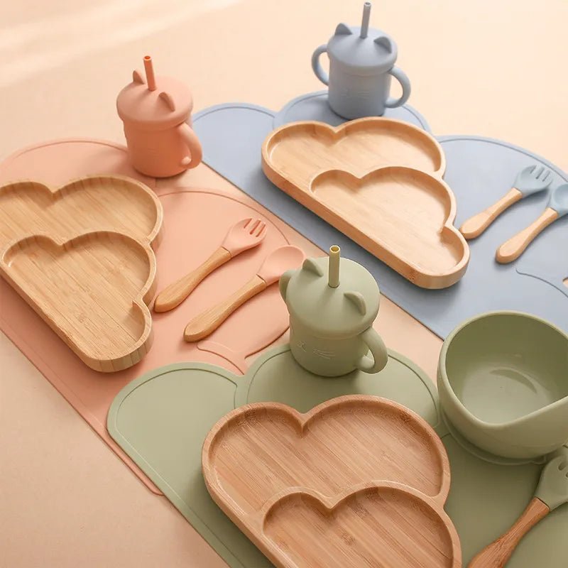 6Pcs Wooden Clouds Dinner Plate Silicone Baby Feeding Set Baby Feeding Supplies Kids Bamboo Dinnerware Baby Tableware Gift Set