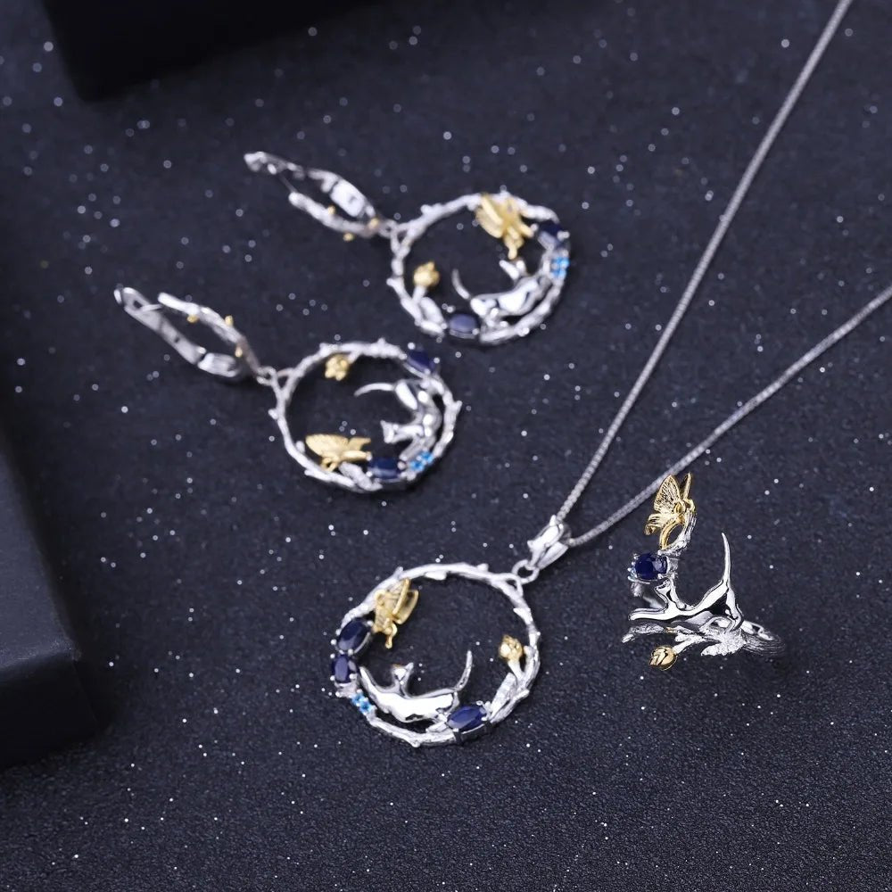 GEM'S BALLET 925 Sterling Silver Handmade Cat & Butterfly Pendant Necklace 0.84Ct Natural Blue Sapphire Fine Jewelry for Women