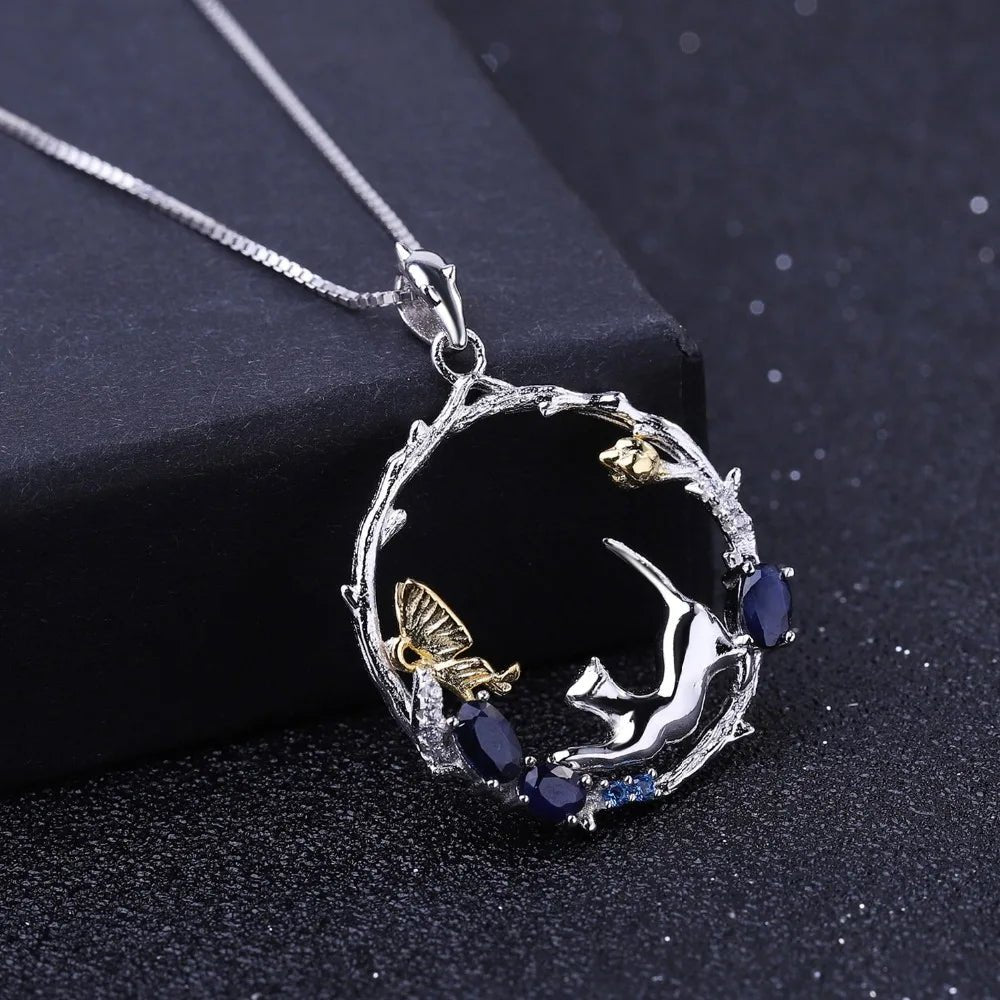 GEM'S BALLET 925 Sterling Silver Handmade Cat & Butterfly Pendant Necklace 0.84Ct Natural Blue Sapphire Fine Jewelry for Women